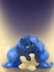 Size: 3200x4200 | Tagged: safe, artist:miioko, princess luna, pony, g4, :3, constellation, cute, female, filly, high res, looking up, lunabetes, pillow, solo, stars, woona, younger
