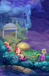 Size: 1650x2550 | Tagged: safe, artist:viwrastupr, daisy, flower wishes, lily, lily valley, roseluck, earth pony, pony, g4, blushing, bush, cloudsdale, color porn, female, flower, flower trio, grass, pond, rose, scenery, trio, trio female