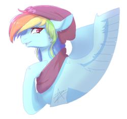 Size: 534x498 | Tagged: safe, artist:myralilth, rainbow dash, pony, g4, clothes, female, floppy ears, hat, looking at you, open mouth, scarf, simple background, smiling, solo, transparent background