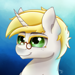 Size: 1500x1500 | Tagged: safe, artist:midnightsix3, oc, oc only, oc:book shield, pony, unicorn, blonde hair, freckles, glasses, gradient background, green eyes, male, smiling, solo, stallion