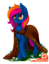 Size: 759x1000 | Tagged: safe, artist:arctic-fox, oc, oc only, oc:early light, earth pony, pony, cloak, clothes, commission, female, flower, grass, mare, patreon, patreon logo, raised hoof, simple background, solo, transparent background