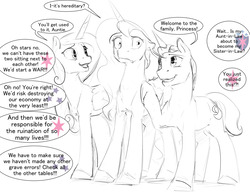 Size: 1280x989 | Tagged: safe, artist:silfoe, night light, princess cadance, princess luna, alicorn, pony, unicorn, black and white, consoling, cutie mark, dialogue, floppy ears, folded wings, grayscale, grimace, implied shining armor, implied twilight sparkle, implied twilight velvet, monochrome, open mouth, panic, partial color, raised hoof, simple background, smiling, speech bubble, terrified, thousand yard stare, trio, white background