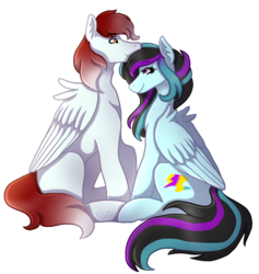 Size: 1709x1800 | Tagged: safe, artist:monnarcha, oc, oc only, oc:rosalina skies, pegasus, pony, art trade, couple, cute, duo, female, male, mare, oc x oc, shipping, simple background, smiling, stallion, straight, transparent background