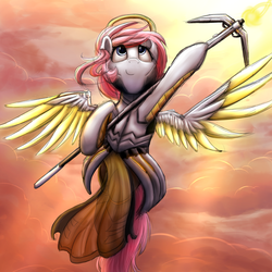 Size: 2000x2000 | Tagged: safe, artist:vanillaghosties, nurse redheart, pegasus, pony, g4, caduceus staff, cloud, crossover, female, flying, high res, hoof hold, looking up, mercy, overwatch, sky, smiling, solo, spread wings