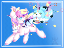 Size: 1600x1200 | Tagged: safe, artist:pvrii, oc, oc only, oc:confectionery bliss, bat pony, hybrid, pony, animal, creature, cute, disney, dream eater, duo, female, flying, friends, kingdom hearts, mare, open mouth, smiling, spread wings