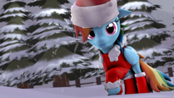 Size: 1920x1080 | Tagged: safe, artist:wiizzie, rainbow dash, pony, g4, 3d, boots, clothes, costume, female, hat, hooves, santa costume, santa hat, solo, tree, wings, winter
