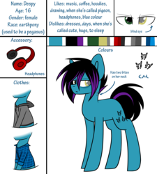 Size: 2300x2560 | Tagged: safe, artist:despotshy, oc, oc only, oc:despy, earth pony, pony, clothes, female, headphones, high res, hoodie, mare, reference sheet, shirt, solo