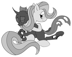 Size: 3600x2816 | Tagged: safe, artist:waffleberry, oc, oc only, changeling, earth pony, pony, duo, high res, hug, monochrome, simple background, sitting, white background