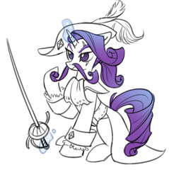 Size: 540x564 | Tagged: safe, artist:tomatocoup, rarity, pony, unicorn, g4, 30 minute art challenge, clothes, coat, cravat, elusive, epee, facial hair, feather hat, hat, levitation, magic, moustache, partial color, raised hoof, rule 63, scar, simple background, sitting, sketch, solo, sword, telekinesis, weapon, white background