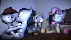 Size: 3840x2160 | Tagged: safe, artist:viranimation, dinky hooves, pipsqueak, rumble, sweetie belle, pegasus, pony, unicorn, g4, 3d, colt, cute, female, filly, gay, high res, hoof polish, kissing, male, nail polish, rumblesqueak, shipping, shocked, spin the bottle