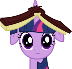 Size: 1569x1504 | Tagged: safe, artist:jp, derpibooru exclusive, twilight sparkle, pony, g4, secret of my excess, .svg available, book, book hat, female, floppy ears, horn, horn impalement, looking at you, simple background, solo, svg, transparent background, vector