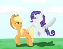 Size: 900x700 | Tagged: safe, artist:eulicious, applejack, rarity, alicorn, pony, g4, butt touch, feathermarking, female, lesbian, looking at each other, race swap, raricorn, ship:rarijack, shipping