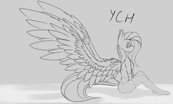 Size: 3000x1800 | Tagged: safe, artist:chapaevv, fluttershy, anthro, g4, advertisement, auction, clothes, commission, female, monochrome, sitting, solo, wings, your character here