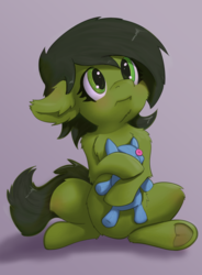 Size: 705x958 | Tagged: safe, oc, oc only, oc:filly anon, earth pony, pony, female, filly, holding, looking up, plushie, simple background, sitting, solo