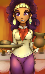Size: 1900x3100 | Tagged: safe, artist:gabbslines, saffron masala, equestria girls, g4, spice up your life, bandana, bowl, breasts, busty saffron masala, clothes, curvy, dark skin, ear piercing, earring, equestria girls-ified, female, jewelry, long sleeves, looking at you, pants, piercing, purple eyes, signature, smiling, solo, tray