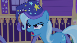 Size: 1280x720 | Tagged: safe, screencap, trixie, pony, unicorn, g4, to where and back again, angry, female, hat, mare, nightcap, solo, tired, trixie's nightcap