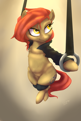 Size: 2000x3000 | Tagged: safe, artist:slouping, oc, oc only, oc:dala vault, chest fluff, clothes, cutie mark, gymnastic rings, gymnastics, high res, jacket, leather jacket, solo, thigh bands