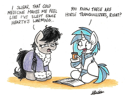 Size: 1706x1294 | Tagged: safe, artist:bobthedalek, dj pon-3, octavia melody, vinyl scratch, earth pony, pony, unicorn, g4, bathrobe, bed mane, clothes, dialogue, duo, medicine, newspaper, open mouth, robe, simple background, sitting, tired, traditional art, tranquilizer, white background
