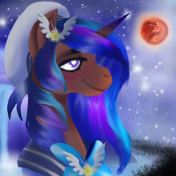 Size: 2146x2146 | Tagged: safe, artist:brainiac, oc, oc only, oc:rose sniffer, pony, blood moon, blushing, bust, clothes, cute, high res, moon, portrait, sailor suit, solo, stars