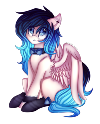 Size: 2338x2890 | Tagged: safe, artist:kurochhi, oc, oc only, pegasus, pony, :3, bowtie, choker, clothes, commission, cute, female, gradient mane, high res, mare, ocbetes, simple background, sitting, smiling, socks, solo