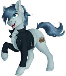 Size: 753x875 | Tagged: safe, artist:silentwulv, oc, oc only, oc:rhythm, earth pony, pony, clothes, jacket, male, open mouth, raised hoof, simple background, smiling, solo, stallion, transparent background