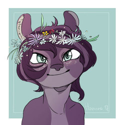Size: 512x512 | Tagged: safe, artist:teymar, oc, oc only, oc:rassy, deer, barely pony related, bust, floral head wreath, flower, freckles, portrait, simple background, smiling, solo, tangentially pony related