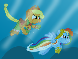 Size: 3250x2500 | Tagged: safe, artist:bladedragoon7575, applejack, rainbow dash, earth pony, pegasus, pony, g4, clothes, dress, duo, duo female, female, gala dress, high res, holding breath, mare, puffy cheeks, simple background, swimming, underwater