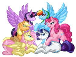 Size: 6700x5000 | Tagged: safe, artist:amazing-artsong, applejack, fluttershy, pinkie pie, rainbow dash, rarity, twilight sparkle, alicorn, earth pony, pegasus, pony, unicorn, g4, absurd resolution, applejack's hat, commission, cowboy hat, ear fluff, female, freckles, hat, holding hooves, lying, mane six, mare, one eye closed, open mouth, prone, rearing, simple background, sitting, smiling, spread wings, standing, stetson, transparent background, twilight sparkle (alicorn)