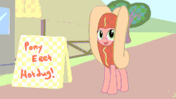 Size: 960x540 | Tagged: safe, artist:fimflamfilosophy, oc, oc only, pony, mentally advanced series, animated, bouncing, clothes, costume, cute, dancing, female, food, food costume, gif, happy, headbob, hot dog, hot dog costume, implied ponies eating meat, looking at you, mare, meat, ocbetes, open mouth, raised hoof, sausage, smiling, solo, stomping, trotting, trotting in place
