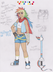 Size: 921x1233 | Tagged: safe, artist:skydragon90, rainbow dash, human, g4, belly button, clothes, converse, crossover, disney, female, humanized, keyblade, kingdom hearts, looking at you, midriff, shoes, short shirt, shorts, solo, weapon