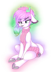 Size: 2893x4092 | Tagged: safe, artist:red_moonwolf, oc, oc only, oc:winter aurora, deer, deer pony, original species, backless, clothes, high res, open-back sweater, sleeveless sweater, solo, sweater, virgin killer sweater