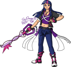Size: 1280x1208 | Tagged: safe, artist:skydragon90, twilight sparkle, human, g4, belly button, clothes, disney, female, humanized, keyblade, kingdom hearts, midriff, short shirt, solo, watermark, weapon
