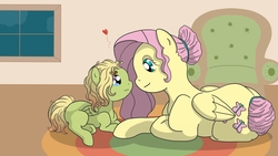 Size: 3264x1836 | Tagged: safe, artist:zanture-angel, fluttershy, oc, oc:chakra blossom, pegasus, pony, g4, aunt and nephew, colt, eye contact, folded wings, heart, interior, looking at each other, male, offspring, older, parent:tree hugger, parent:zephyr breeze, parents:zephyrhugger, profile, prone