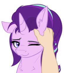Size: 1084x1245 | Tagged: safe, artist:duop-qoub, starlight glimmer, human, pony, unicorn, g4, :3, :t, chest fluff, cute, ear fluff, ear scratch, female, floppy ears, fluffy, glimmerbetes, lidded eyes, looking at you, mare, one eye closed, simple background, smiling, white background, wink