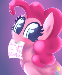 Size: 1400x1700 | Tagged: safe, artist:siggie740, pinkie pie, earth pony, pony, g4, blushing, cute, diapinkes, female, gradient background, looking at you, mouth hold, paper, signature, smiling, solo, valentine, valentine's day