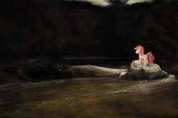 Size: 2800x1859 | Tagged: safe, artist:plotcore, pinkie pie, earth pony, pony, g4, facing away, female, oil painting, painting, pond, rear view, river, rock, scenery, solo, traditional art, water