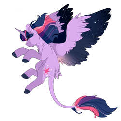 Size: 3000x3000 | Tagged: safe, artist:scarletskitty12, twilight sparkle, alicorn, pony, alternate design, colored wings, colored wingtips, eyes closed, female, flying, large wings, leonine tail, mare, simple background, solo, spread wings, tail feathers, twilight sparkle (alicorn), white background, wings