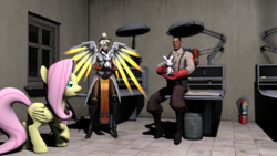 Size: 1024x576 | Tagged: safe, angel bunny, fluttershy, human, pegasus, pony, rabbit, g4, 3d, artificial wings, augmented, crossover, female, fire extinguisher, glasses, halo, male, mechanical wing, medic, medic (tf2), mercy, overwatch, source filmmaker, team fortress 2, trash can, window, wings