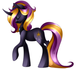 Size: 1763x1600 | Tagged: safe, artist:scarlet-spectrum, oc, oc only, oc:jesabelle, pony, commission, curved horn, eyes closed, female, horn, raised hoof, simple background, solo, transparent background