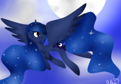 Size: 1000x700 | Tagged: safe, artist:alexa1alexa, princess luna, pony, g4, female, flying, moon, solo