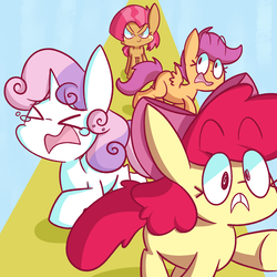 Size: 2000x2000 | Tagged: safe, artist:typhwosion, apple bloom, babs seed, scootaloo, sweetie belle, earth pony, pegasus, pony, unicorn, g4, one bad apple, >.<, ><, crying, cutie mark crusaders, eyes closed, fear, female, filly, foal, group, high res, open mouth, quartet