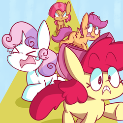 Size: 2000x2000 | Tagged: safe, artist:typhwosion, apple bloom, babs seed, scootaloo, sweetie belle, earth pony, pegasus, pony, unicorn, g4, one bad apple, >.<, ><, apple bloom's bow, blank flank, bow, crying, cutie mark crusaders, eyes closed, fear, female, filly, foal, freckles, group, hair bow, high res, horn, open mouth, quartet