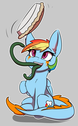 Size: 1200x1920 | Tagged: safe, artist:captainpudgemuffin, rainbow dash, monster pony, original species, tatzlpony, g4, cheek fluff, chest fluff, cute, dashabetes, ear fluff, female, fluffy, food, gray background, hilarious in hindsight, pie, shoulder fluff, simple background, solo, species swap, tatzldash, tentacle tongue, tentacles, this will end in tears