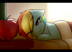 Size: 1280x931 | Tagged: dead source, safe, artist:captainpudgemuffin, rainbow dash, pony, g4, apple, bed, blanket, cute, dashabetes, eye clipping through hair, female, food, hair over one eye, implied appledash, implied lesbian, implied shipping, letterboxing, morning ponies, one eye closed, solo, sweet dreams fuel, waking up