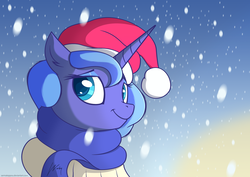 Size: 1280x905 | Tagged: safe, artist:wonkysole, princess luna, alicorn, pony, g4, clothes, female, hat, looking at you, s1 luna, santa hat, scarf, snow, solo, sweater