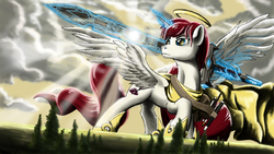 Size: 5000x2813 | Tagged: safe, artist:doomsp0rk, oc, oc only, oc:fausticorn, alicorn, pony, alicorn oc, battle armor, clothes, female, giant pony, giantess, goddess, grass field, high res, lauren faust, macro, magic, magic the gathering, mare, nightfall in equestria, raised hoof, solo, tree, weapon