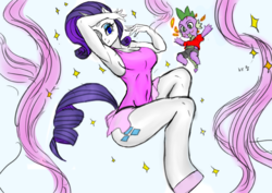 Size: 842x595 | Tagged: safe, artist:cabrony, artist:franschesco, color edit, edit, rarity, spike, dragon, unicorn, anthro, unguligrade anthro, g4, age difference, armpits, belly button, breasts, busty rarity, clothes, colored, duo, duo male and female, eyes on the prize, female, leotard, male, pixiv, ship:sparity, shipping, straight