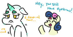 Size: 500x255 | Tagged: safe, artist:jargon scott, bon bon, lyra heartstrings, sweetie drops, earth pony, pony, unicorn, g4, abuse, dialogue, duo, eyes closed, floppy ears, furless, lyrabuse, open mouth, sad, shaved, simple background, smiling, ugly, white background