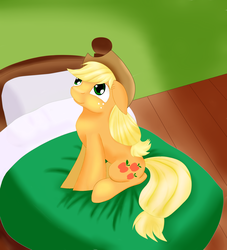 Size: 1818x2000 | Tagged: safe, artist:huffy26, applejack, pony, g4, bed, cowboy hat, cute, female, freckles, hat, jackabetes, looking at something, looking up, sitting, solo, stetson