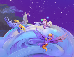 Size: 2200x1700 | Tagged: safe, artist:viwrastupr, blossomforth, cloud kicker, derpy hooves, pegasus, pony, g4, cloud, cute, eyes closed, female, flying, food, large wings, mare, muffin, night, night sky, smiling, spread wings, starry night, stars, trio, wings